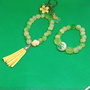 Green and Yellow Beaded Bracelet And Purse Charm Set